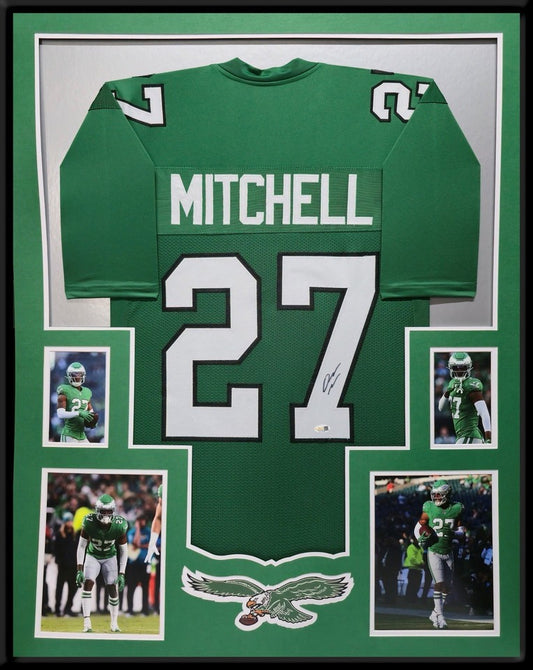 PHILADELPHIA EAGLES QUINYON MITCHELL SIGNED FRAMED CUSTOM KELLY GREEN JERSEY JSA