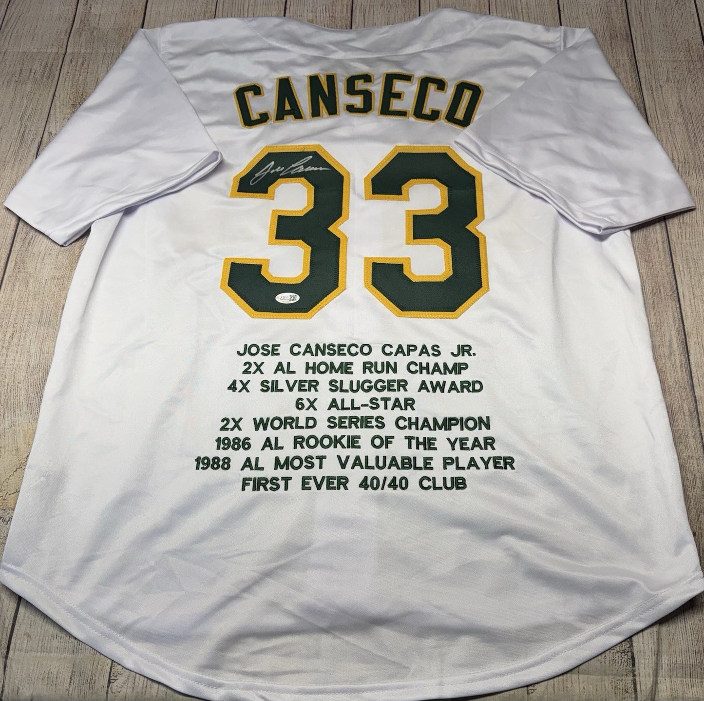 OAKLAND ATHLETICS JOSE CANSECO SIGNED WHITE CUSTOM STAT JERSEY JSA COA!!!