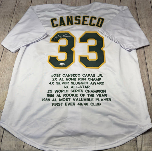 OAKLAND ATHLETICS JOSE CANSECO SIGNED WHITE CUSTOM STAT JERSEY JSA COA!!!