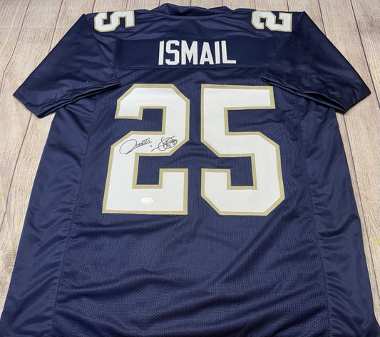 NOTRE DAME FIGHTING IRISH RAGHIB “ROCKET” ISMAIL SIGNED BLUE CUSTOM JERSEY JSA!