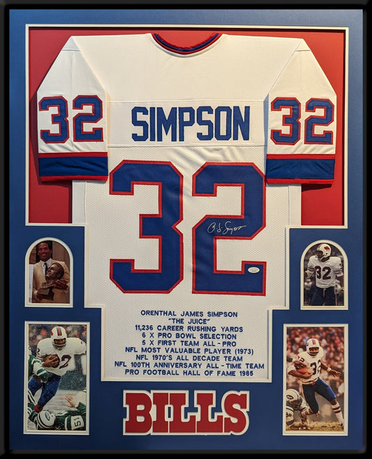 BUFFALO BILLS FRAMED O.J. SIMPSON SIGNED WHITE CUSTOM STAT JERSEY JSA COA!!!