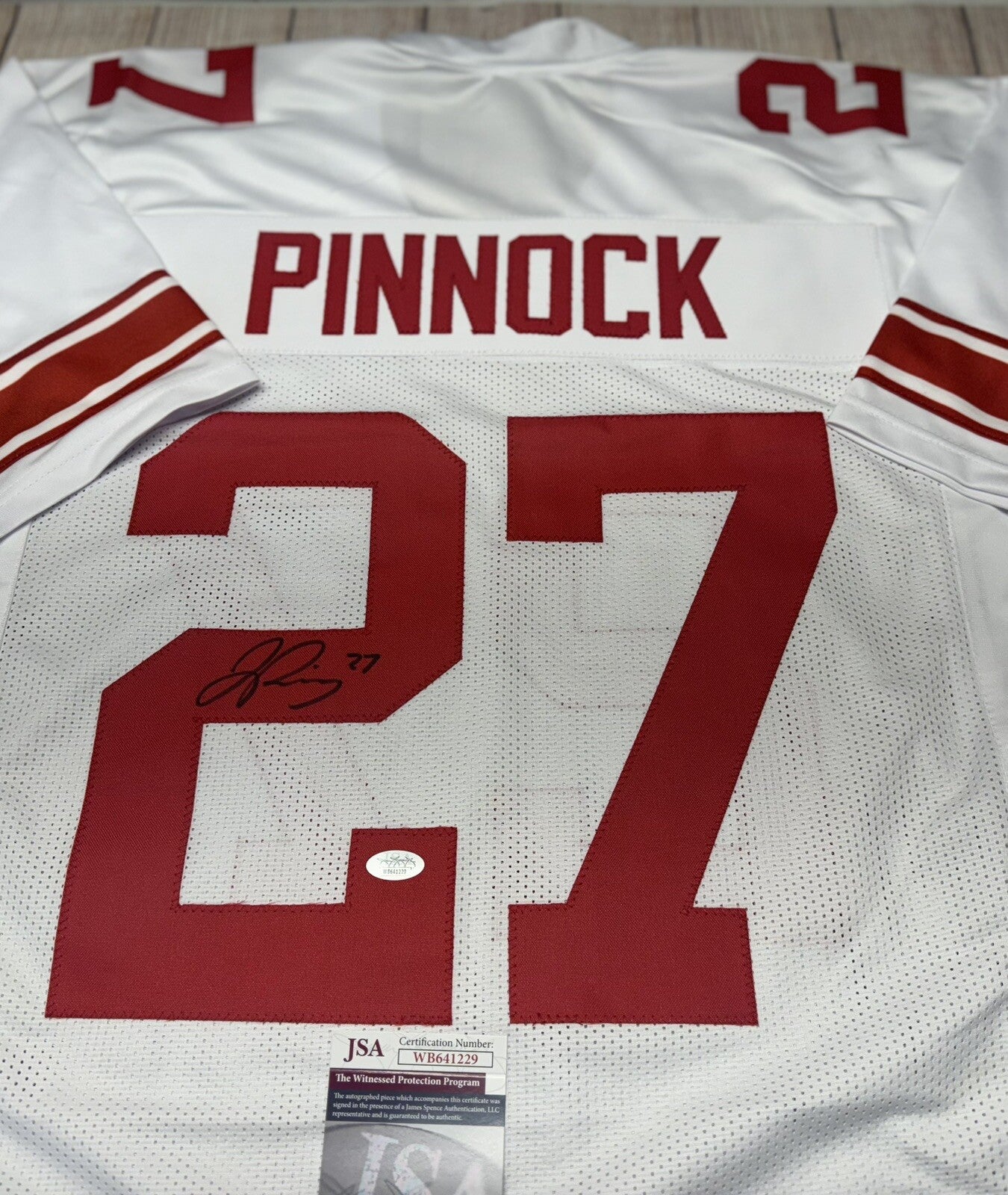 NEW YORK GIANTS JASON PINNOCK SIGNED WHITE CUSTOM JERSEY JSA COA!!