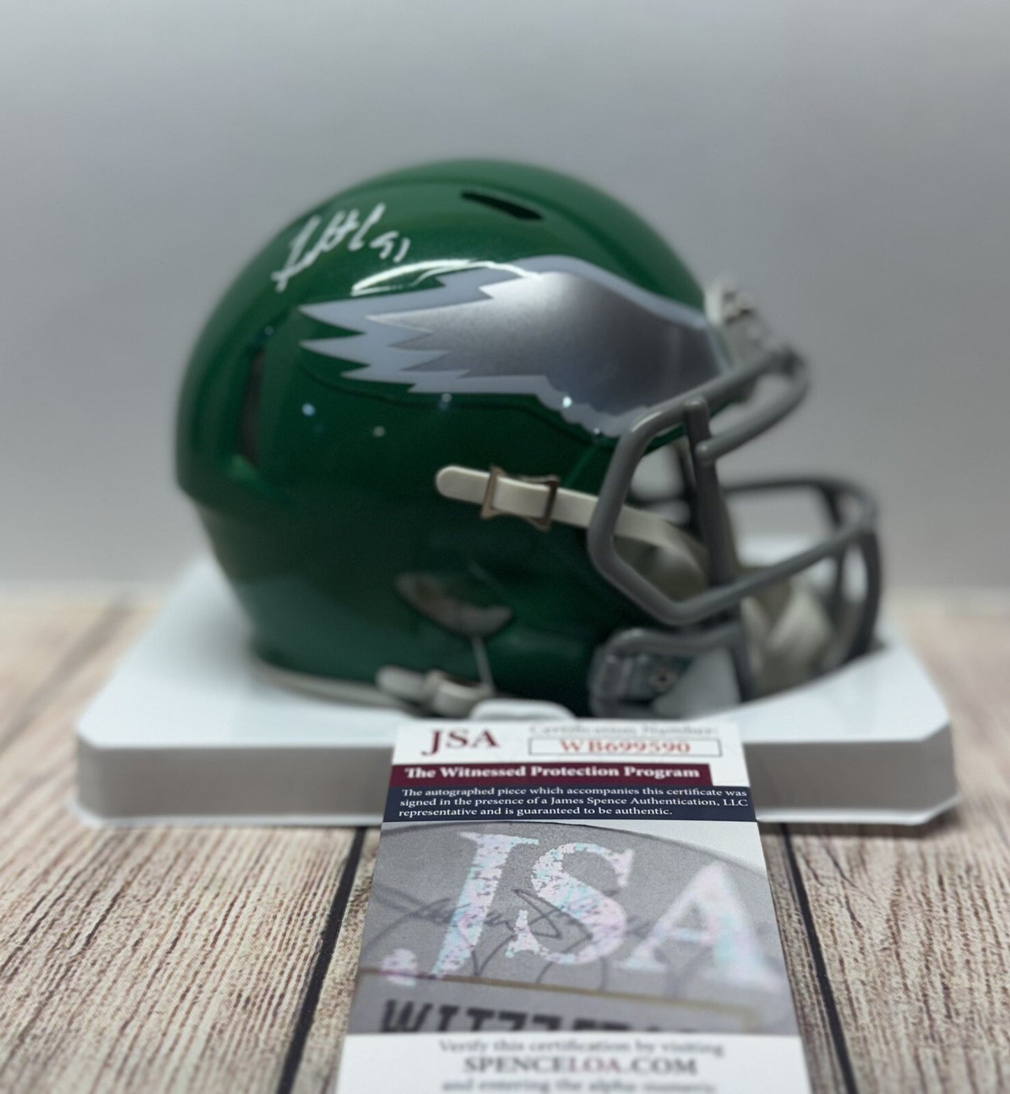 PHILADELPHIA EAGLES FLETCHER COX SIGNED KELLY GREEN SPEED MINI HELMET JSA COA