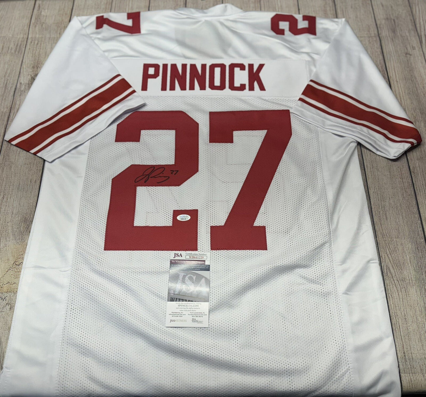 NEW YORK GIANTS JASON PINNOCK SIGNED WHITE CUSTOM JERSEY JSA COA!!