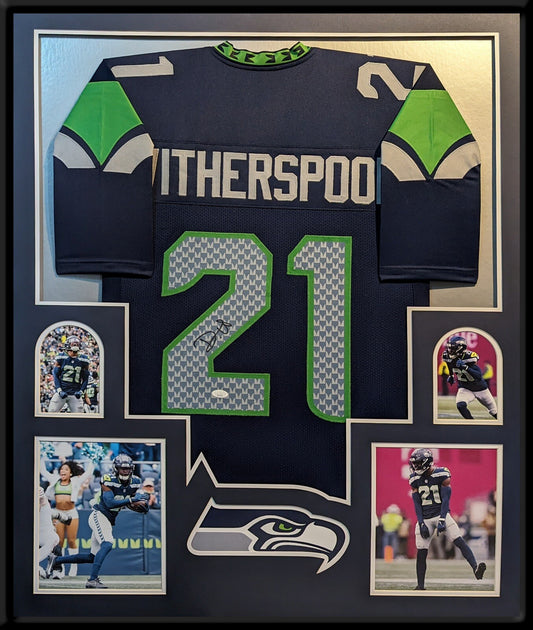 SEATTLE SEAHAWKS DEVON WITHERSPOON SIGNED FRAMED CUSTOM BLUE JERSEY JSA COA