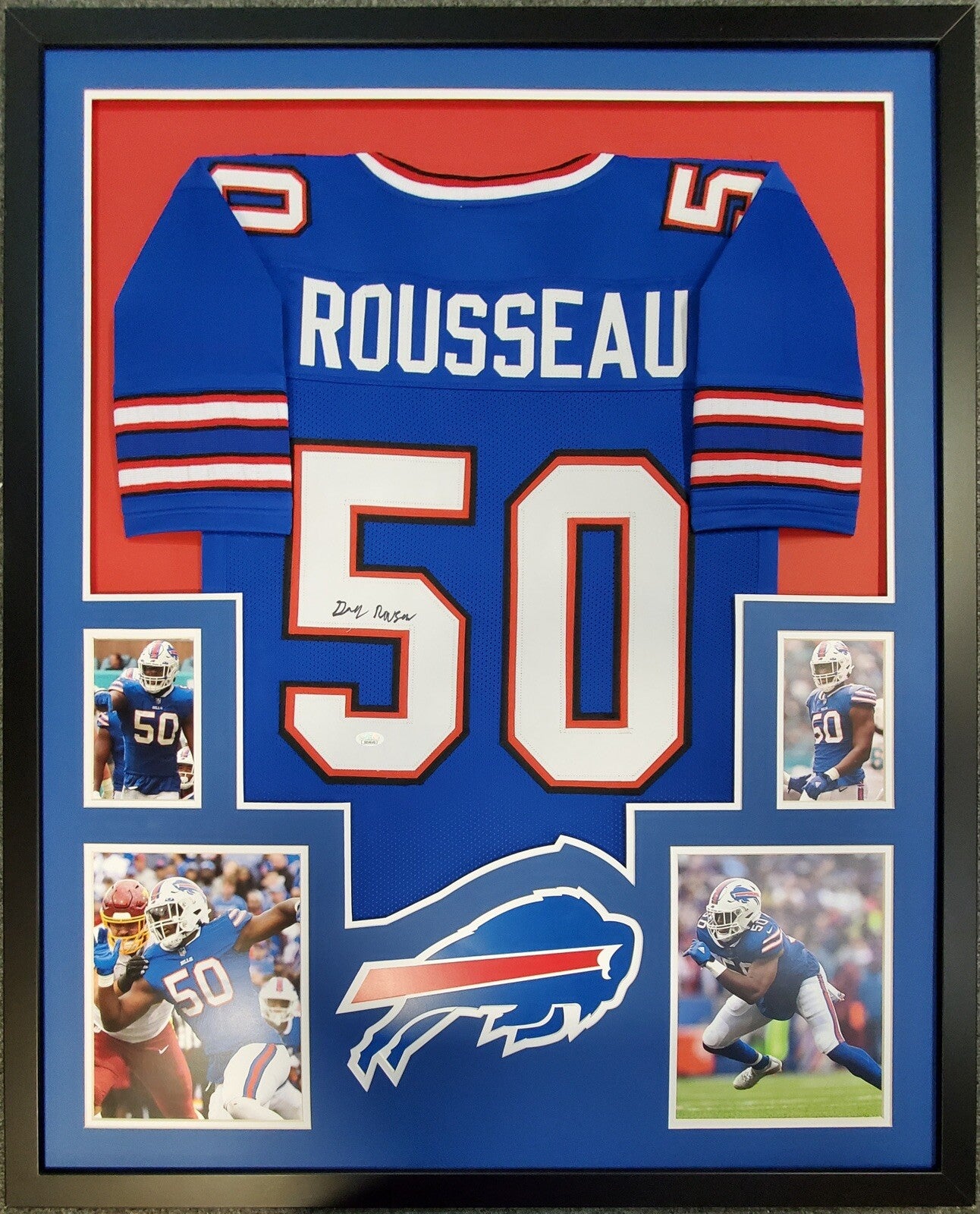 BUFFALO BILLS FRAMED GREGORY ROUSSEAU SIGNED FRAMED BLUE CUSTOM JERSEY JSA COA!