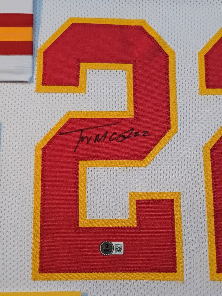 KANSAS CITY CHIEFS TRENT MCDUFFIE SIGNED FRAMED CUSTOM WHITE JERSEY BECKETT COA