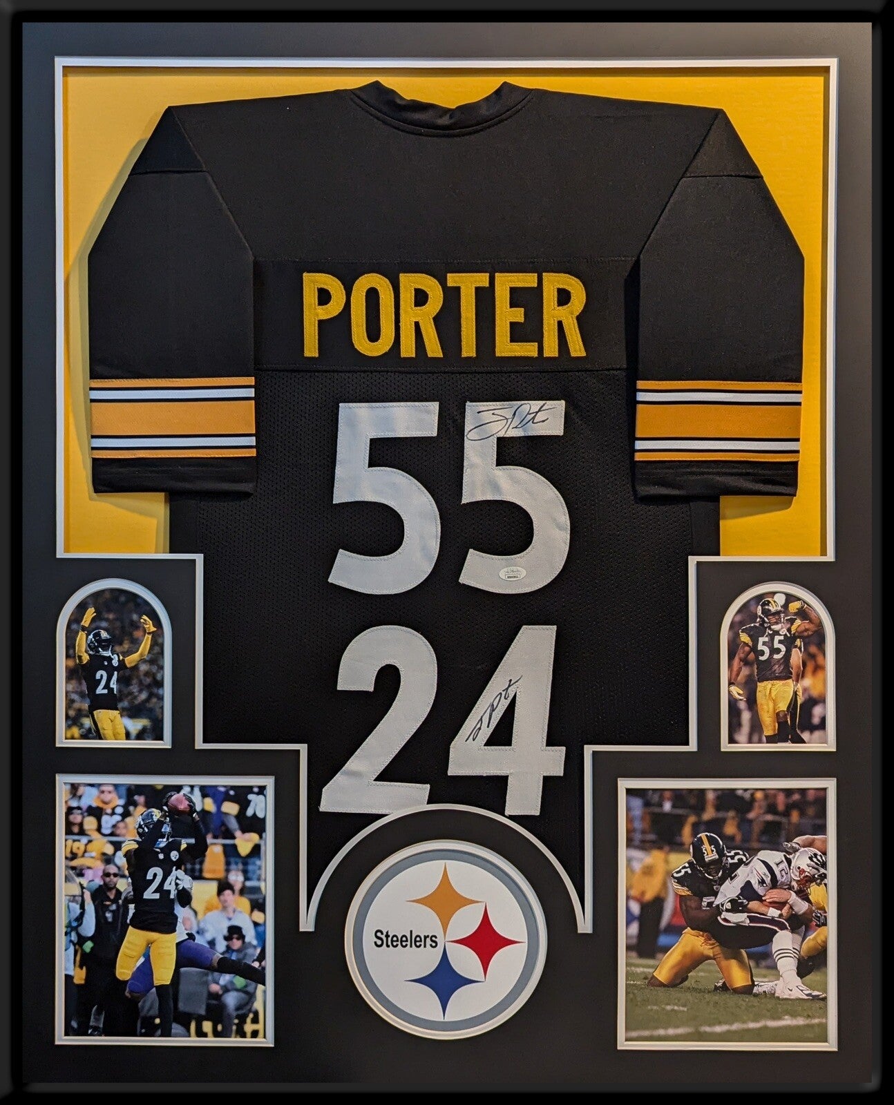 PITTSBURGH STEELERS FRAMED JOEY PORTER SR & JR DUAL SIGNED BLACK JERSEY JSA COA!