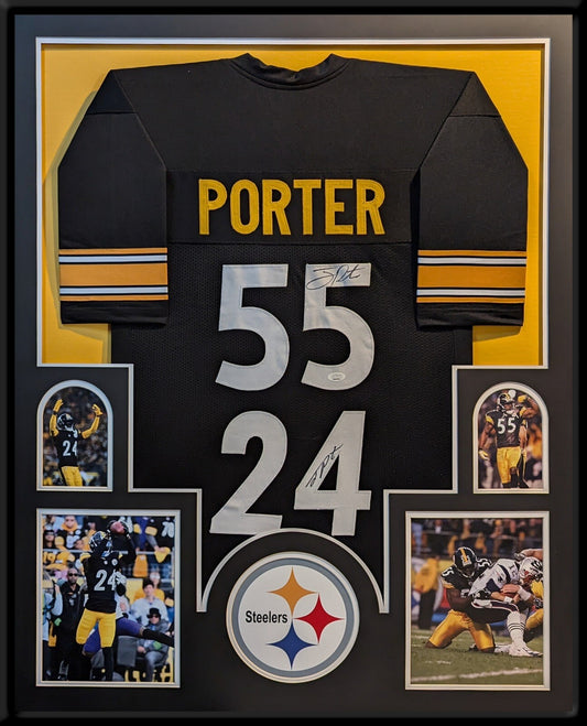 PITTSBURGH STEELERS FRAMED JOEY PORTER SR & JR DUAL SIGNED BLACK JERSEY JSA COA!