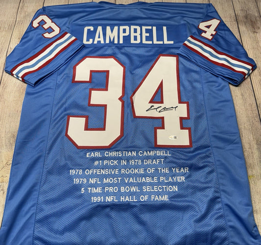HOUSTON OILERS EARL CAMPBELL SIGNED BLUE CUSTOM STAT JERSEY JSA COA!!!