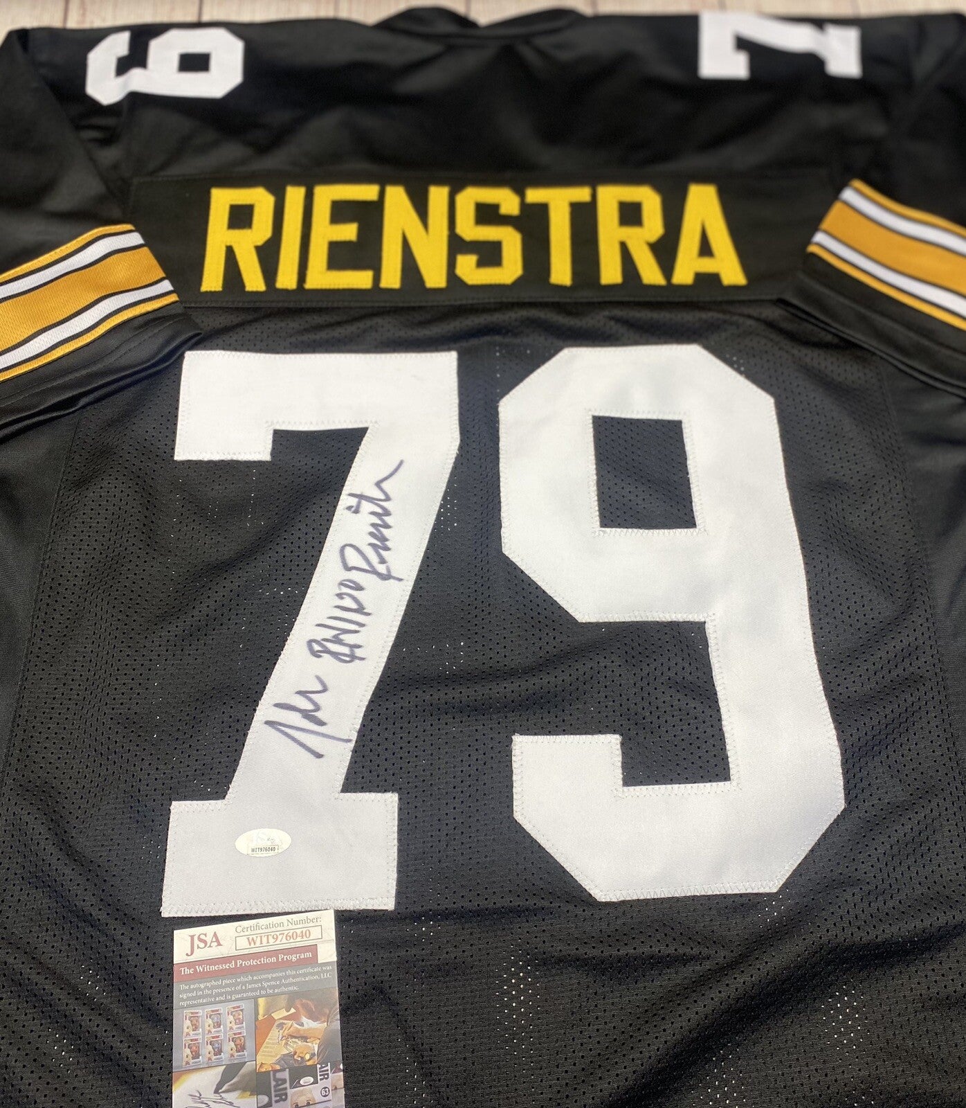 PITTSBURGH STEELERS JOHN “RHINO” RIENSTRA SIGNED CUSTOM BLACK JERSEY   JSA COA