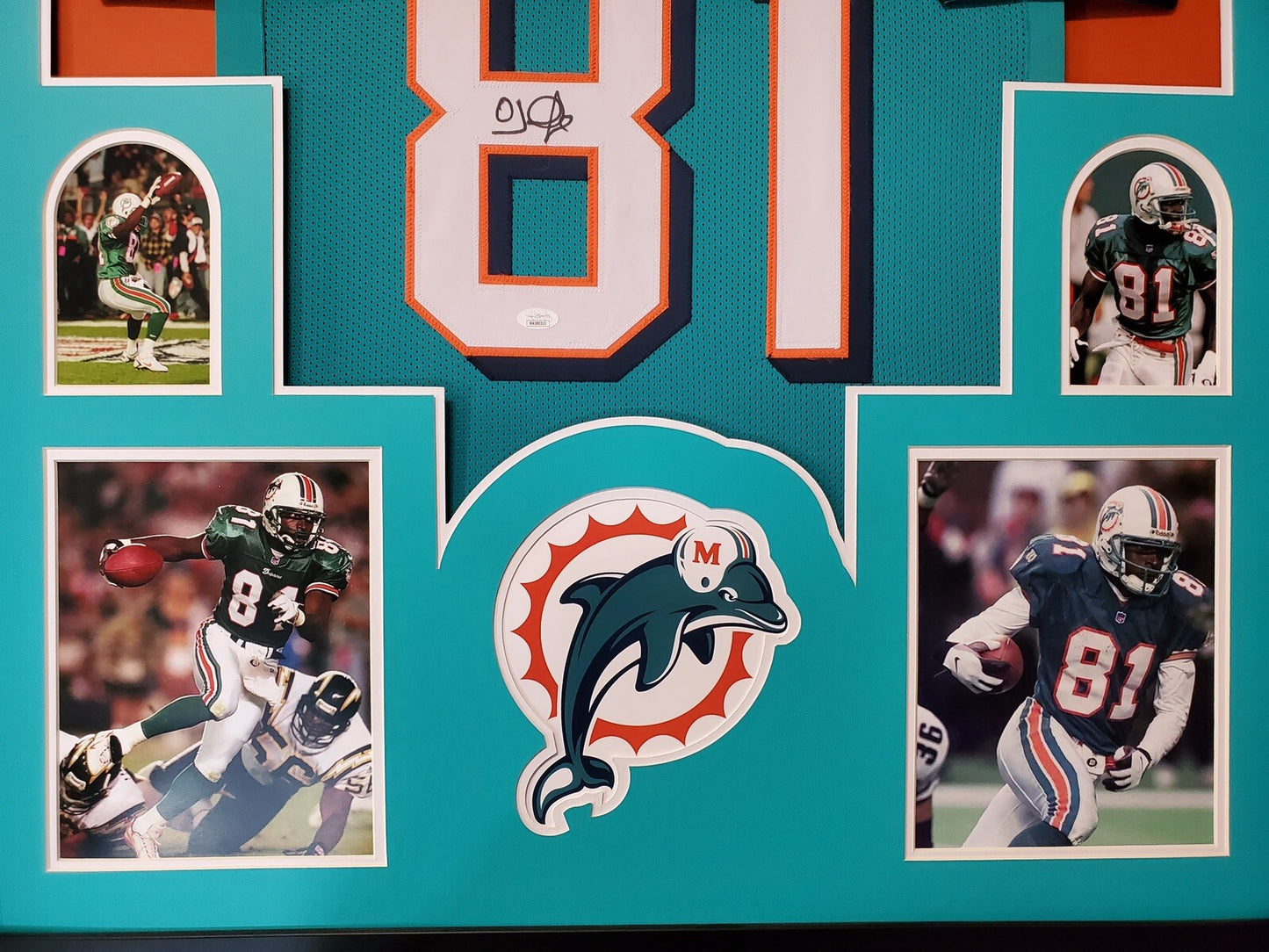 MIAMI DOLPHINS FRAMED OJ MCDUFFIE SIGNED TEAL CUSTOM JERSEY JSA COA!
