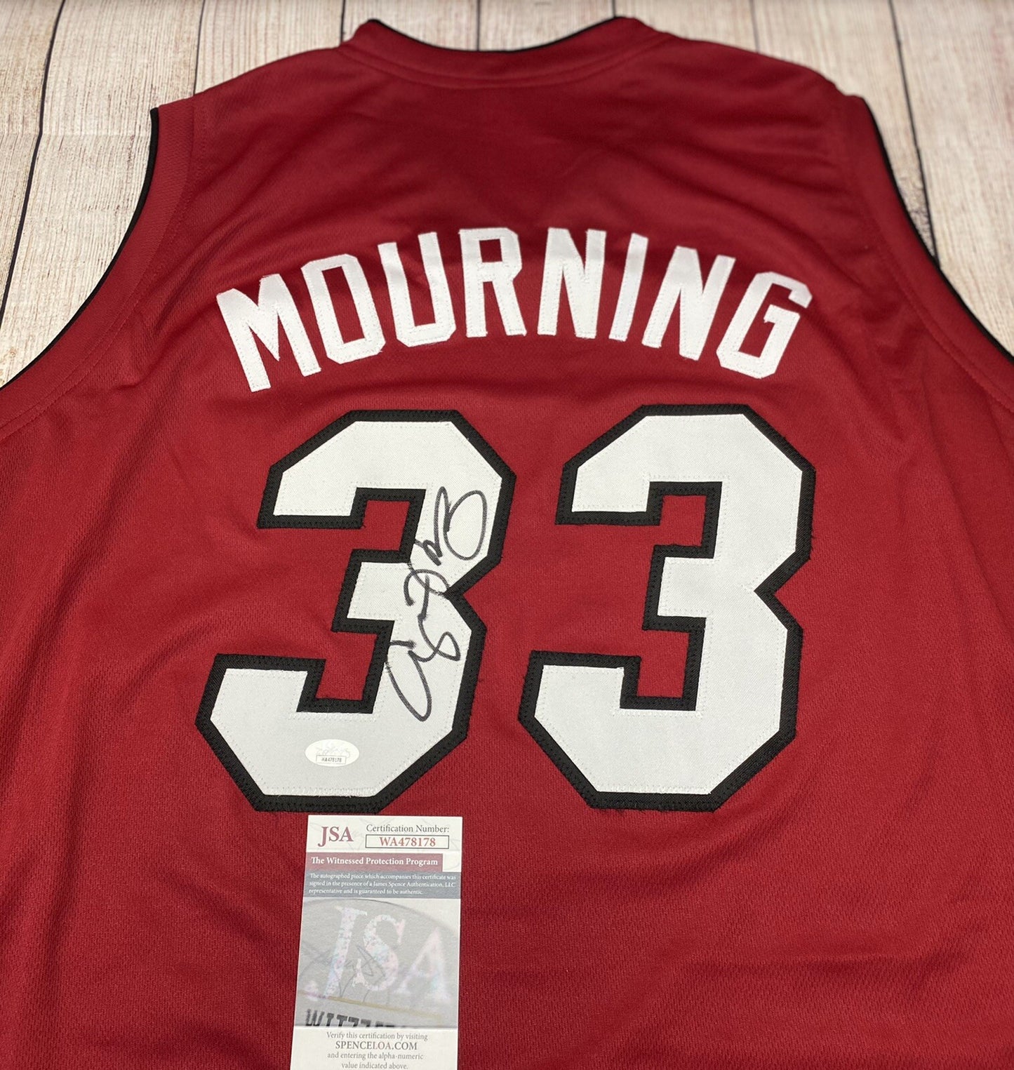 MIAMI HEAT ALONZO MOURNING SIGNED RED CUSTOM JERSEY JSA COA!!!