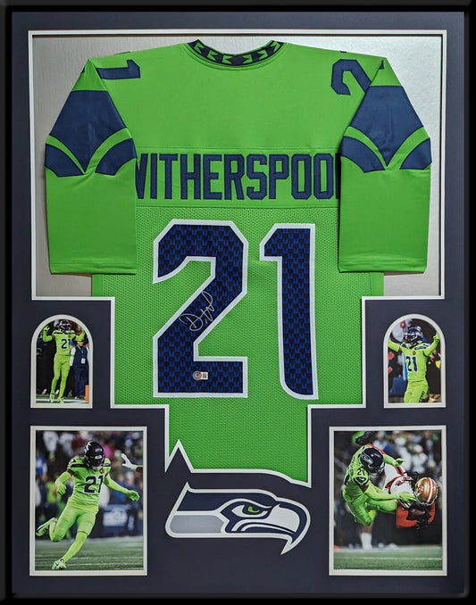 SEATTLE SEAHAWKS DEVON WITHERSPOON SIGNED FRAMED CUSTOM GREEN JERSEY BECKETT COA