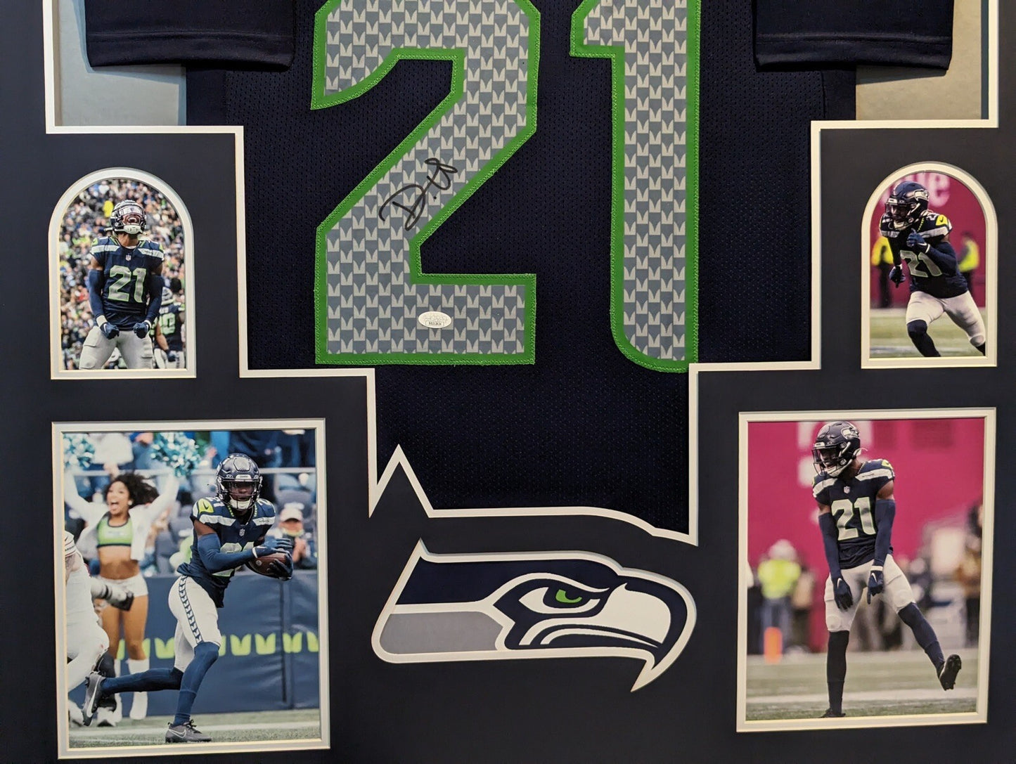 SEATTLE SEAHAWKS DEVON WITHERSPOON SIGNED FRAMED CUSTOM BLUE JERSEY JSA COA