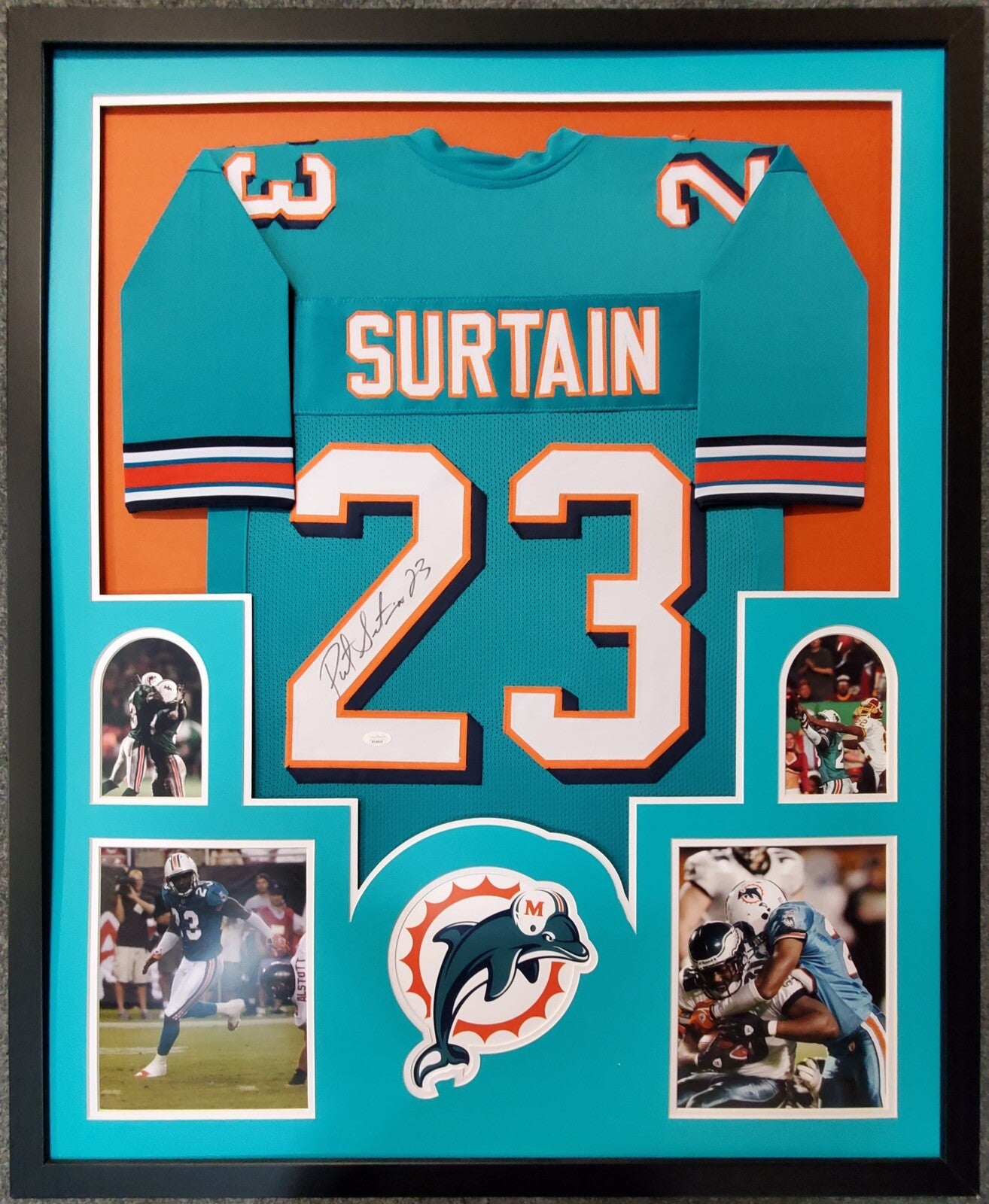 MIAMI DOLPHINS FRAMED PATRICK SURTAIN SIGNED TEAL CUSTOM JERSEY JSA COA!