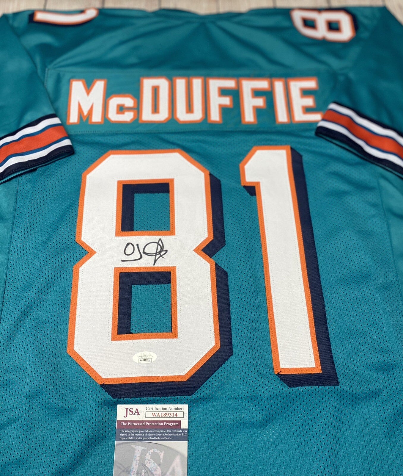 MIAMI DOLPHINS OJ MCDUFFIE SIGNED TEAL CUSTOM JERSEY  W/JSA COA!!