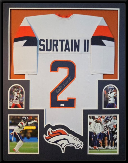 DENVER BRONCOS PATRICK SURTAIN II SIGNED FRAMED CUSTOM WHITE JERSEY JSA COA