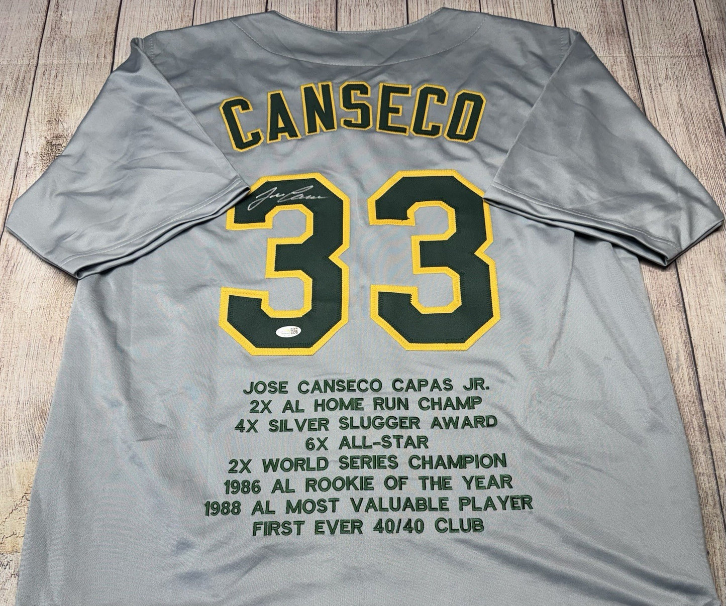 OAKLAND ATHLETICS JOSE CANSECO SIGNED GREY CUSTOM STAT JERSEY JSA COA!!!