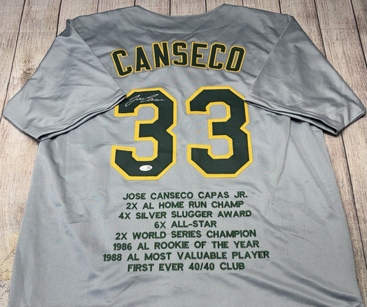 OAKLAND ATHLETICS JOSE CANSECO SIGNED GREY CUSTOM STAT JERSEY JSA COA!!!