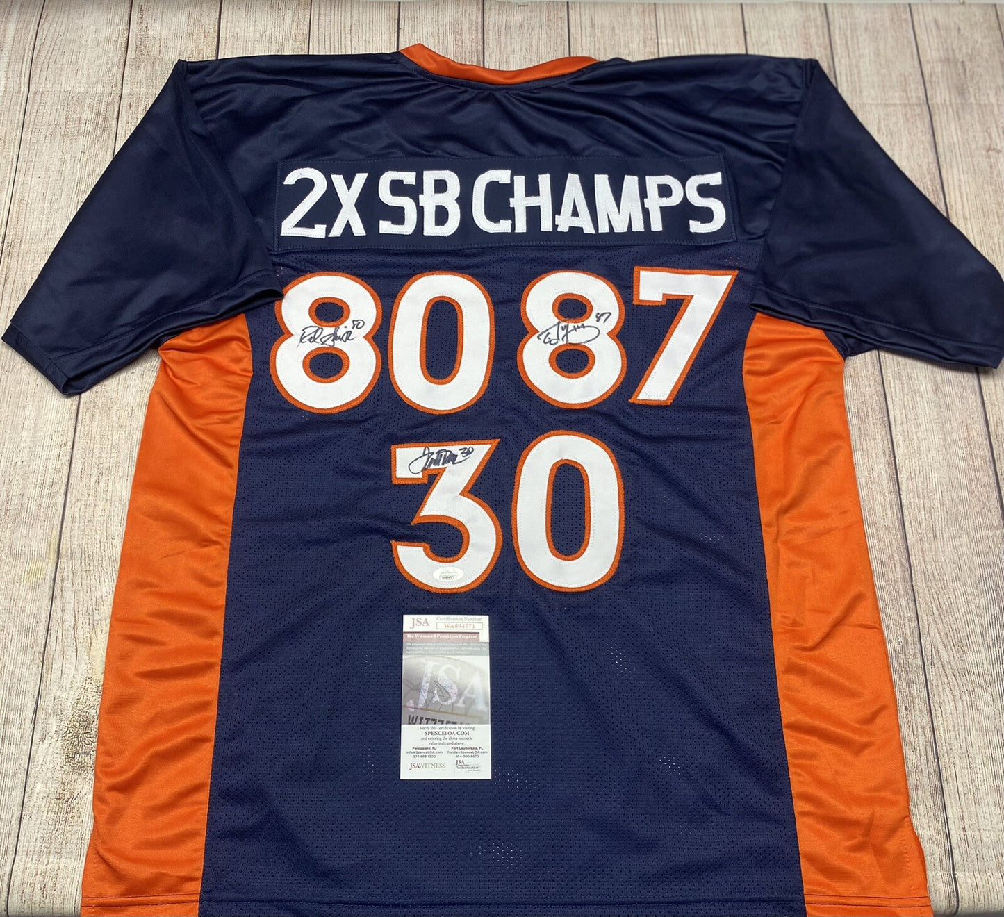 DENVER BRONCOS 2X SB CHAMPS TRIPLE SIGNED JERSEY DAVIS, SMITH, MCCAFFREY JSA COA