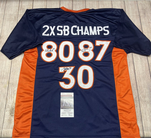 DENVER BRONCOS 2X SB CHAMPS TRIPLE SIGNED JERSEY DAVIS, SMITH, MCCAFFREY JSA COA