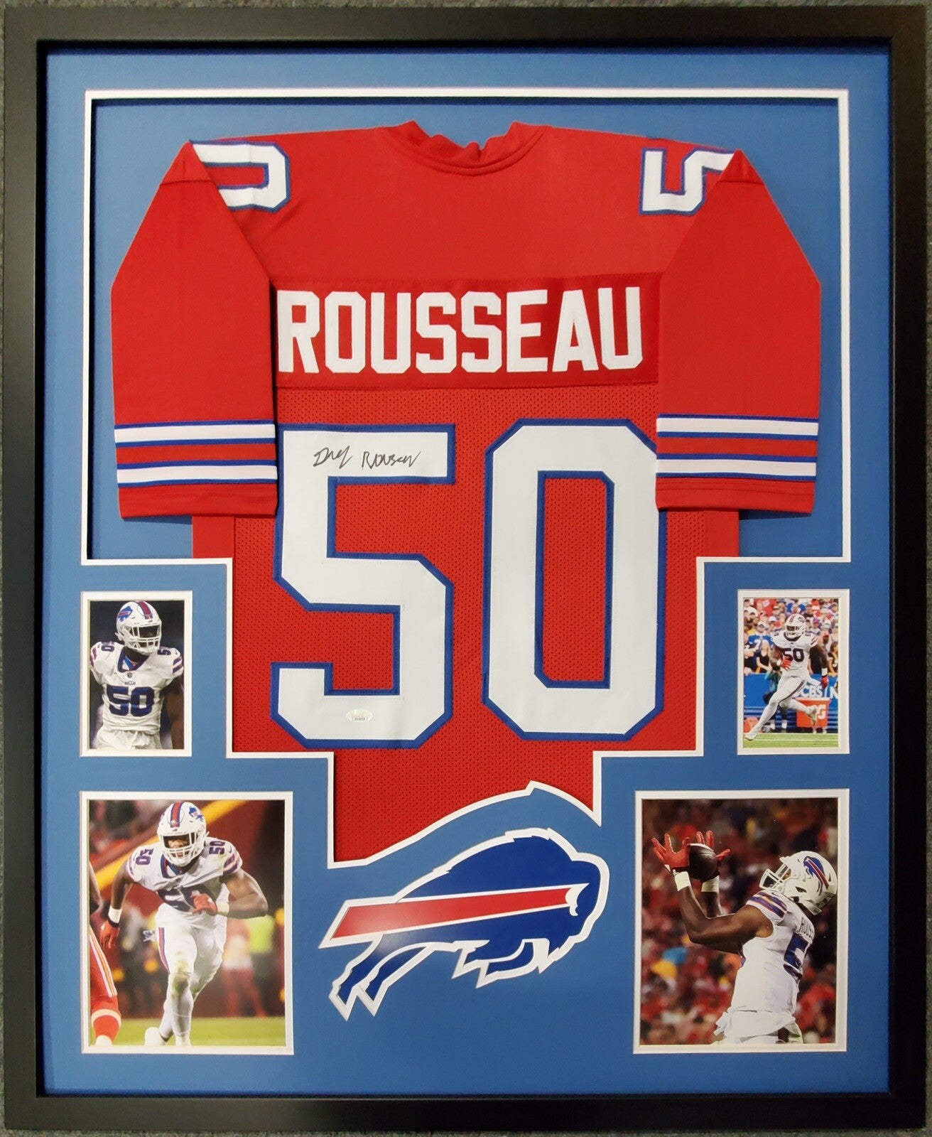 BUFFALO BILLS FRAMED GREGORY ROUSSEAU SIGNED FRAMED RED CUSTOM JERSEY JSA COA!!!