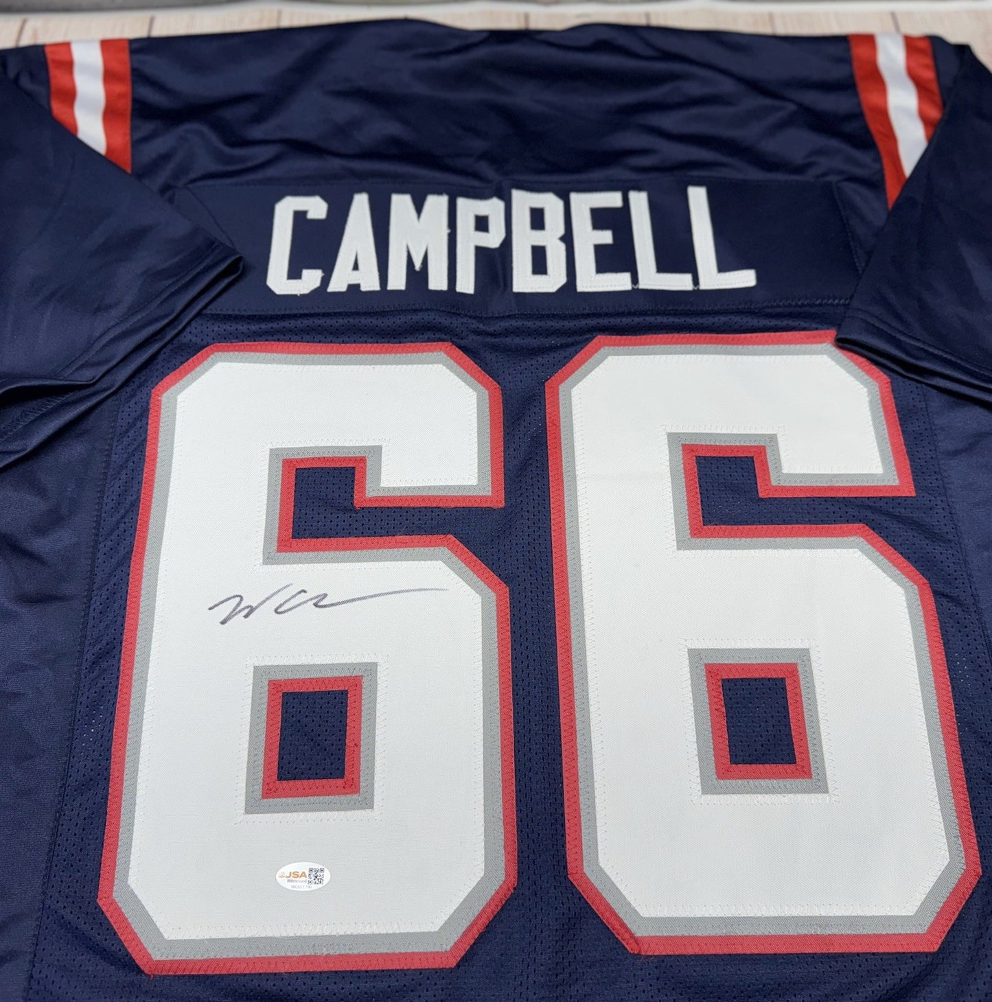 NEW ENGLAND PATRIOTS WILL CAMPBELL SIGNED BLUE CUSTOM JERSEY W/JSA COA!!!