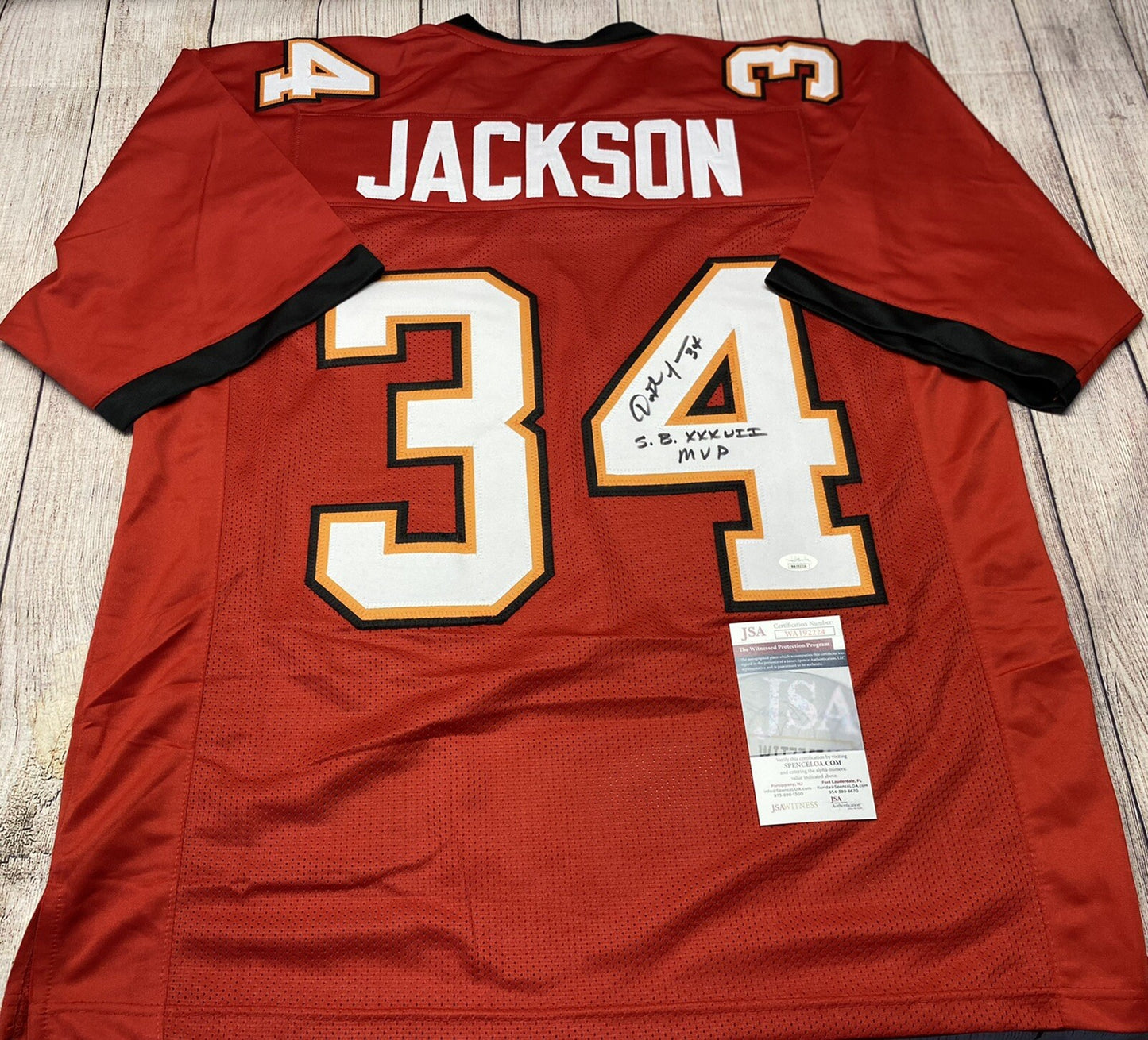 TAMPA BAY BUCCANEERS DEXTER JACKSON SIGNED RED JERSEY “SB XXXVII MVP” JSA COA