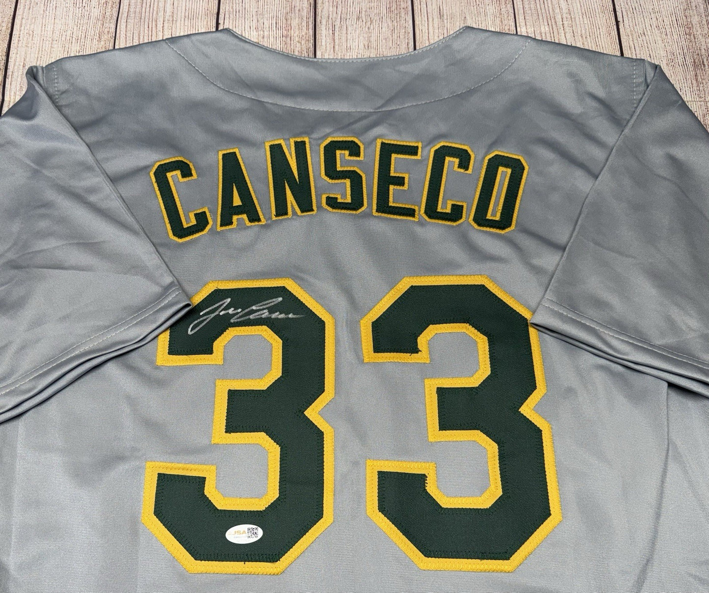 OAKLAND ATHLETICS JOSE CANSECO SIGNED GREY CUSTOM STAT JERSEY JSA COA!!!