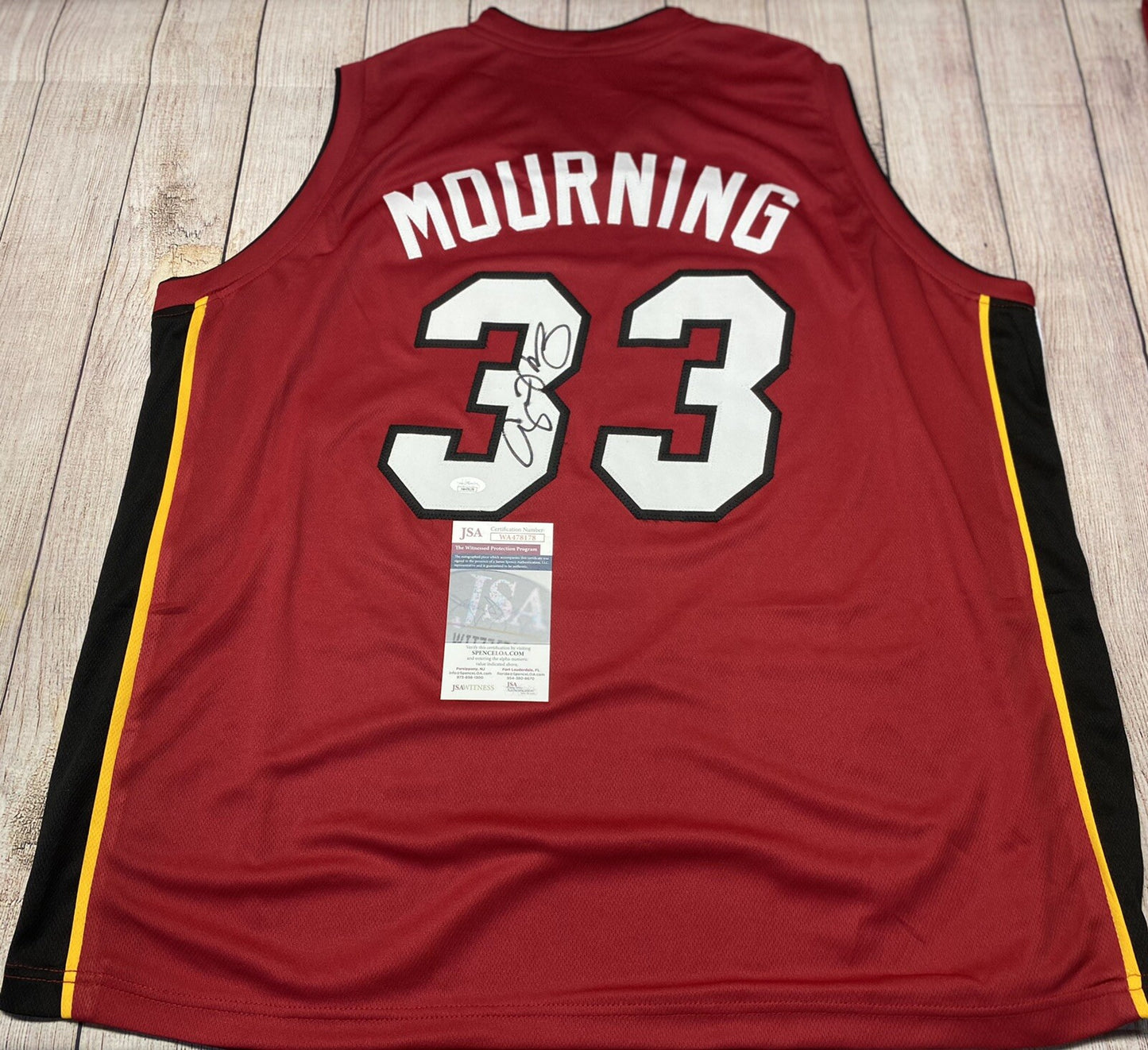 MIAMI HEAT ALONZO MOURNING SIGNED RED CUSTOM JERSEY JSA COA!!!