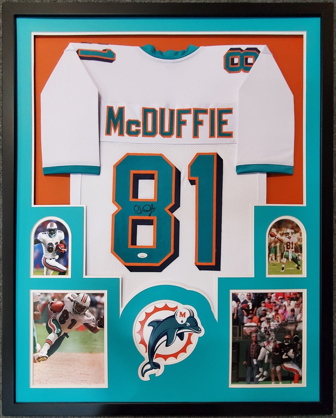MIAMI DOLPHINS FRAMED OJ MCDUFFIE SIGNED WHITE CUSTOM JERSEY JSA COA!