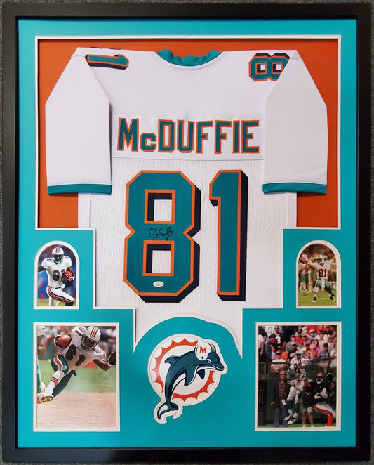 MIAMI DOLPHINS FRAMED OJ MCDUFFIE SIGNED WHITE CUSTOM JERSEY JSA COA!