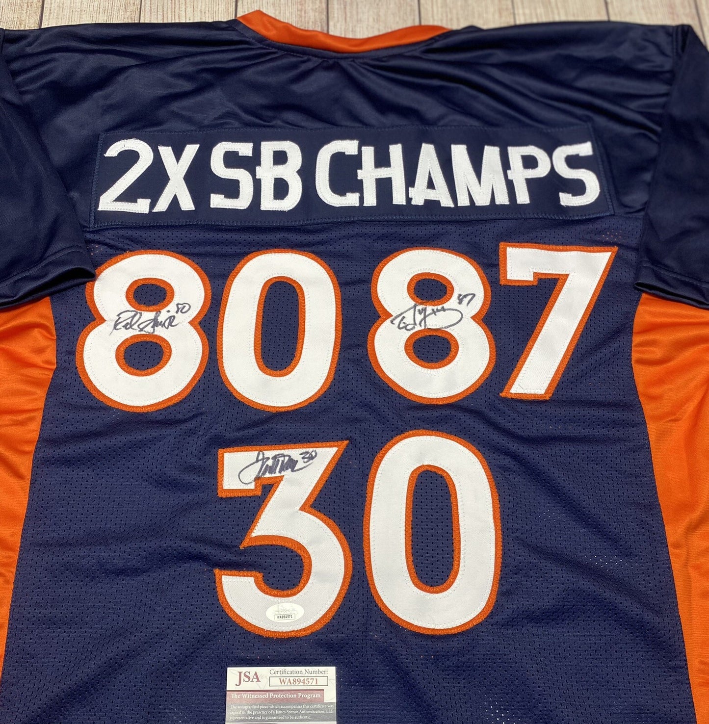 DENVER BRONCOS 2X SB CHAMPS TRIPLE SIGNED JERSEY DAVIS, SMITH, MCCAFFREY JSA COA