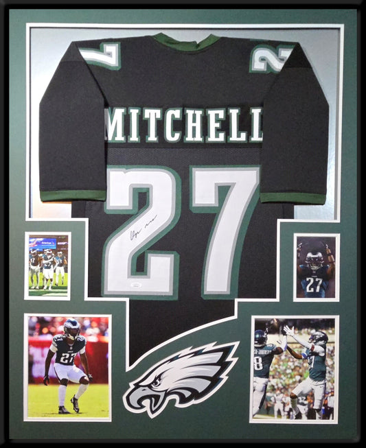 PHILADELPHIA EAGLES QUINYON MITCHELL SIGNED FRAMED CUSTOM BLACK JERSEY JSA COA
