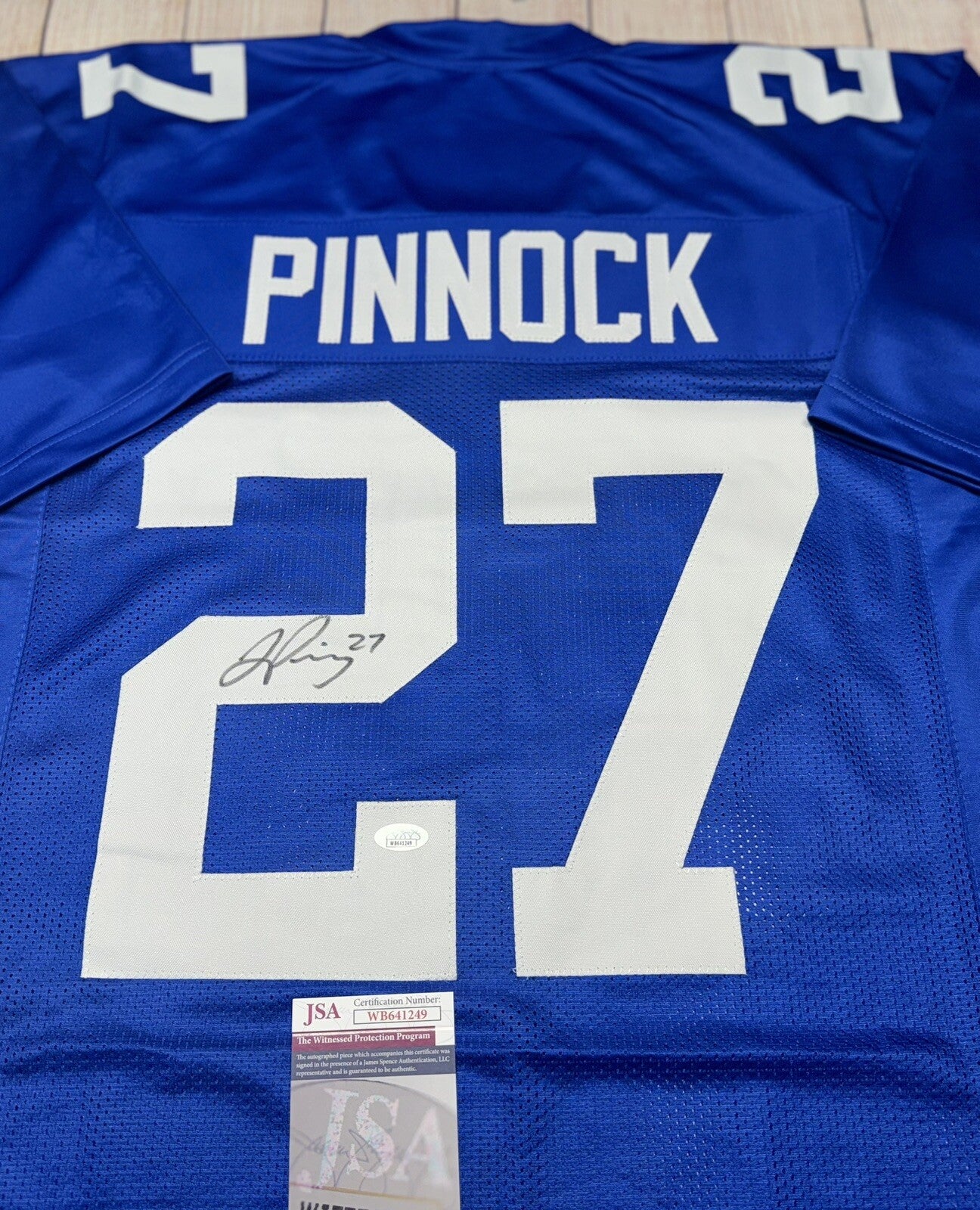 NEW YORK GIANTS JASON PINNOCK SIGNED BLUE CUSTOM JERSEY JSA COA!!