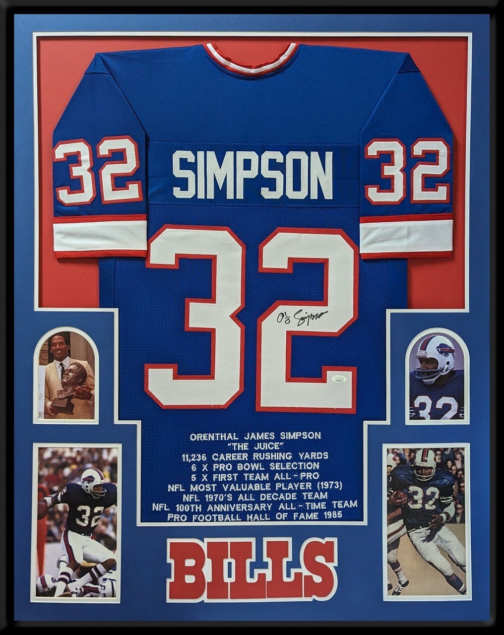 BUFFALO BILLS FRAMED O.J. SIMPSON SIGNED BLUE CUSTOM STAT JERSEY JSA COA!!!
