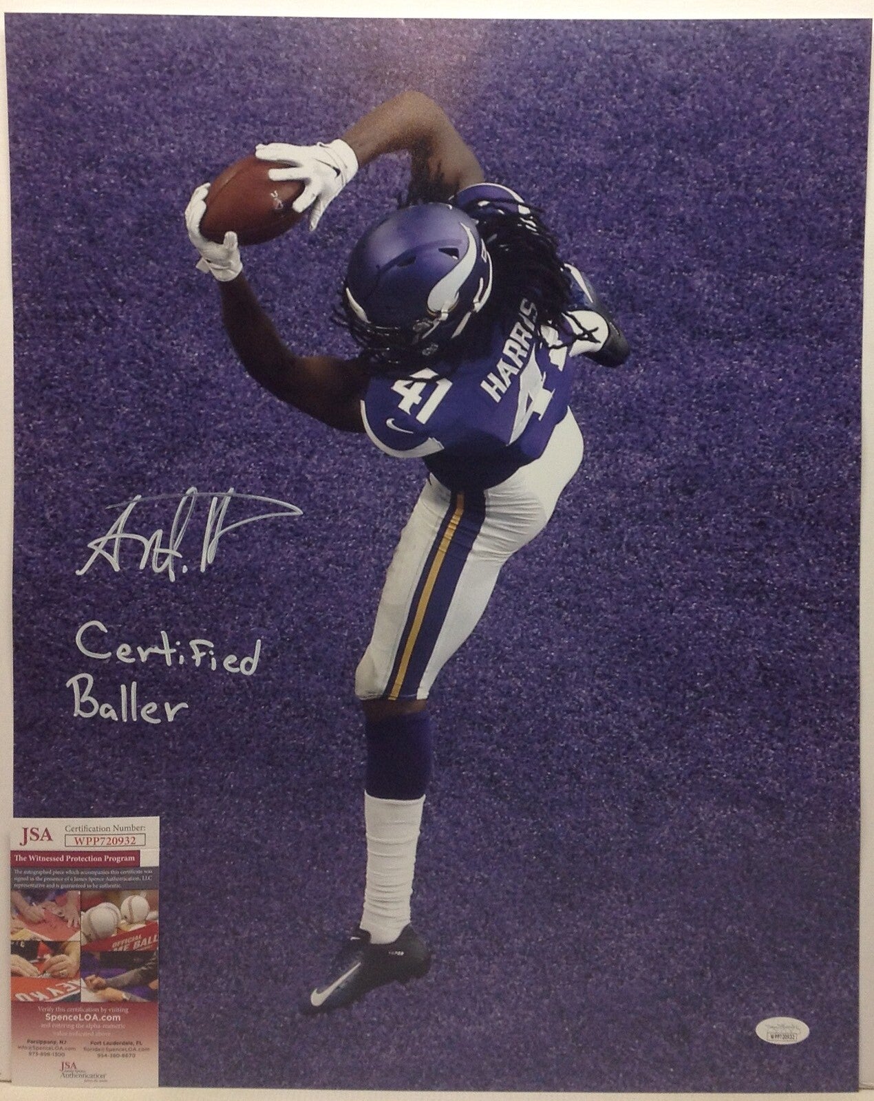 MINNESOTA VIKINGS ANTHONY HARRIS SIGNED 16X20 PHOTO "CERTIFIED BALLER" JSA COA!!