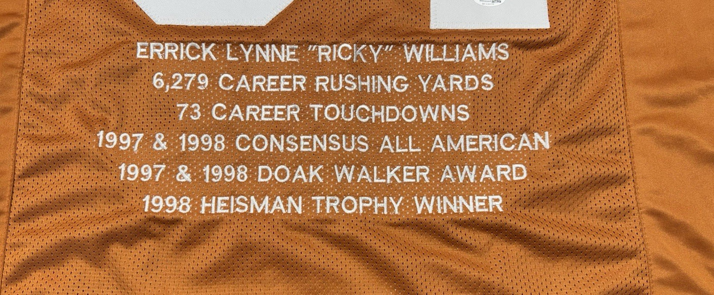 TEXAS LONGHORNS RICKY WILLIAMS SIGNED ORANGE CUSTOM STAT JERSEY JSA COA!!!