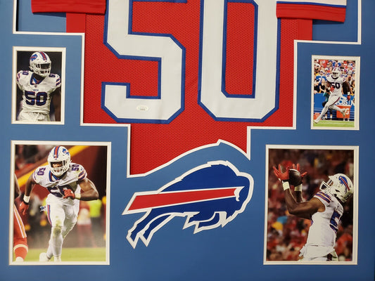 BUFFALO BILLS FRAMED GREGORY ROUSSEAU SIGNED FRAMED RED CUSTOM JERSEY JSA COA!!!