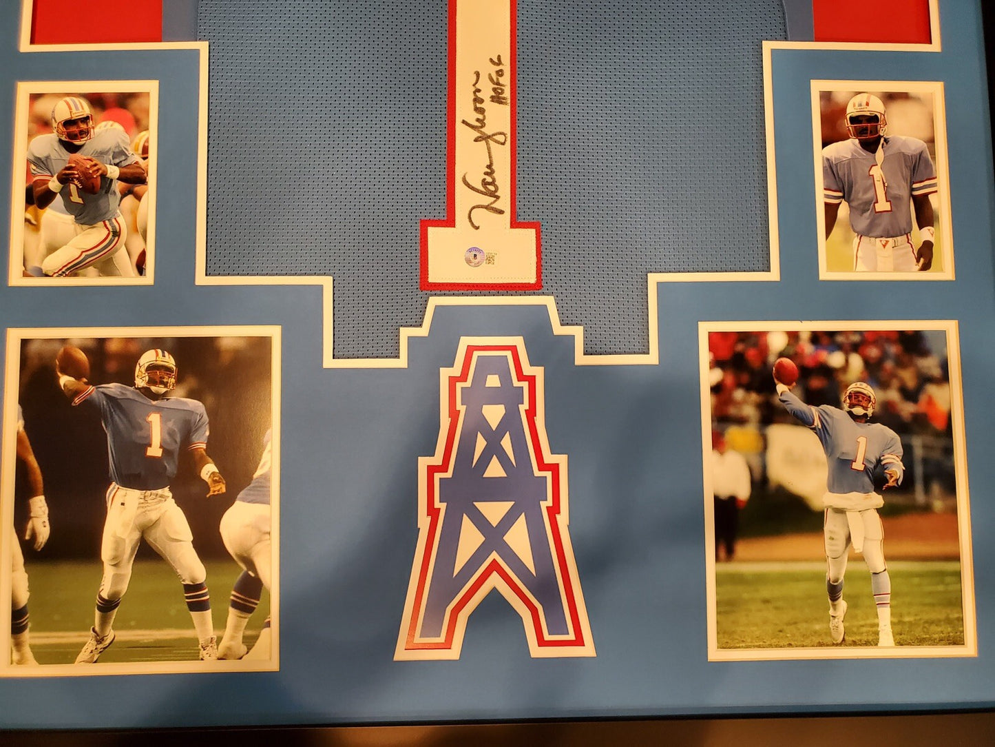 HOUSTON OILERS FRAMED WARREN MOON SIGNED BLUE CUSTOM JERSEY BECKETT COA!