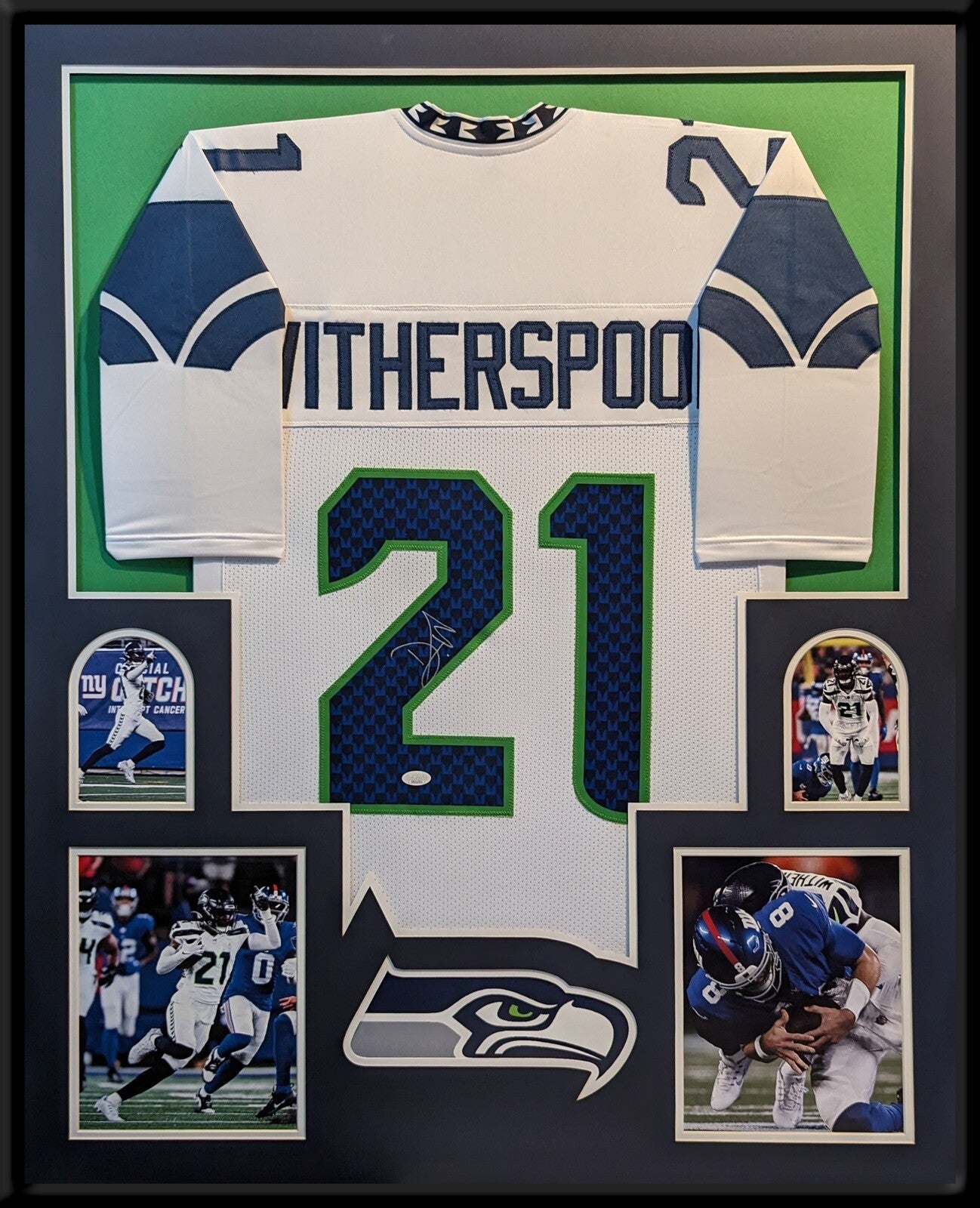 SEATTLE SEAHAWKS DEVON WITHERSPOON SIGNED FRAMED CUSTOM WHITE JERSEY JSA COA