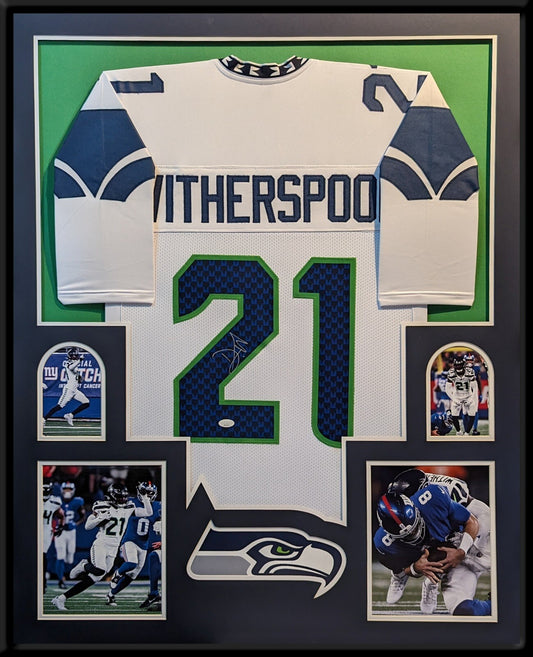 SEATTLE SEAHAWKS DEVON WITHERSPOON SIGNED FRAMED CUSTOM WHITE JERSEY JSA COA