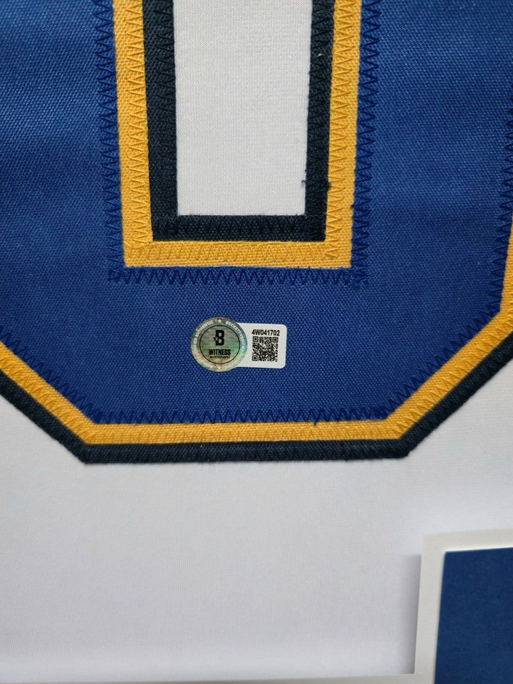 ST. LOUIS BLUES FRAMED BRETT HULL SIGNED WHITE CUSTOM JERSEY BECKETT COA