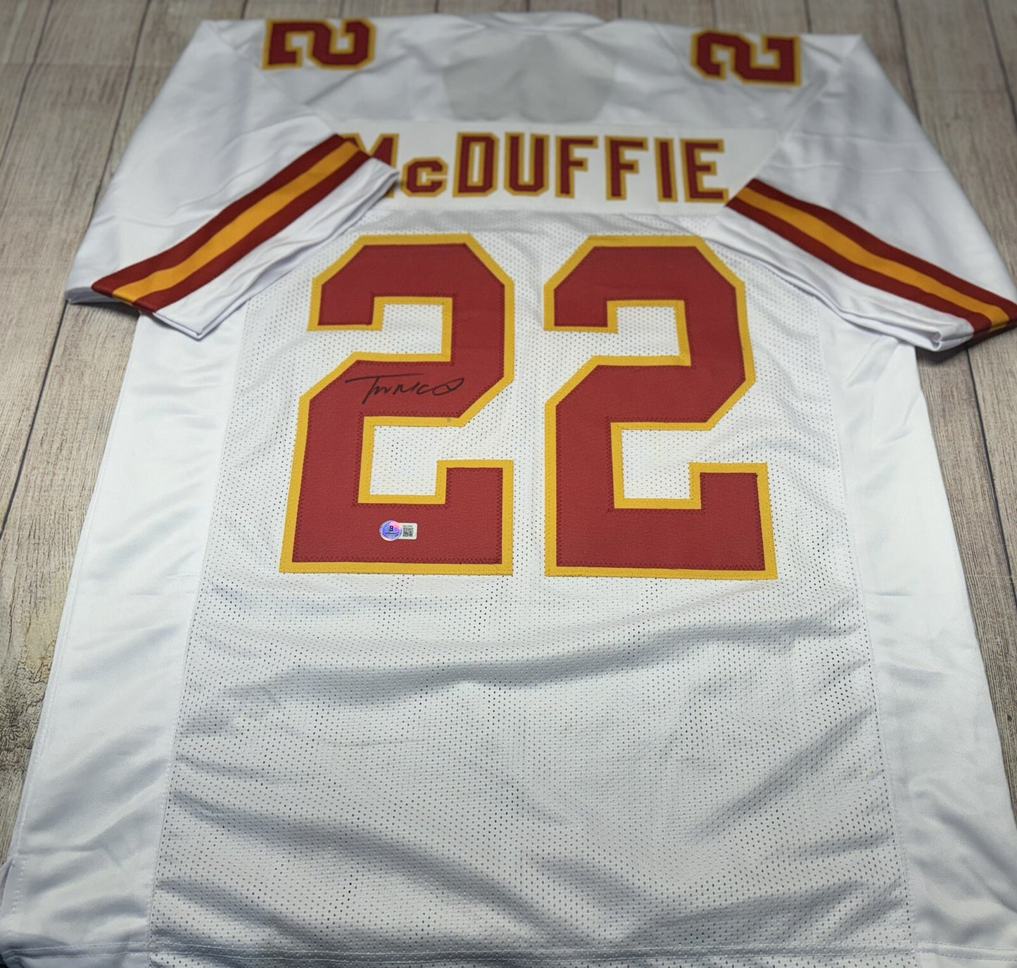 KANSAS CITY CHIEFS TRENT MCDUFFIE SIGNED WHITE CUSTOM JERSEY2 W/BECKETT COA!!!