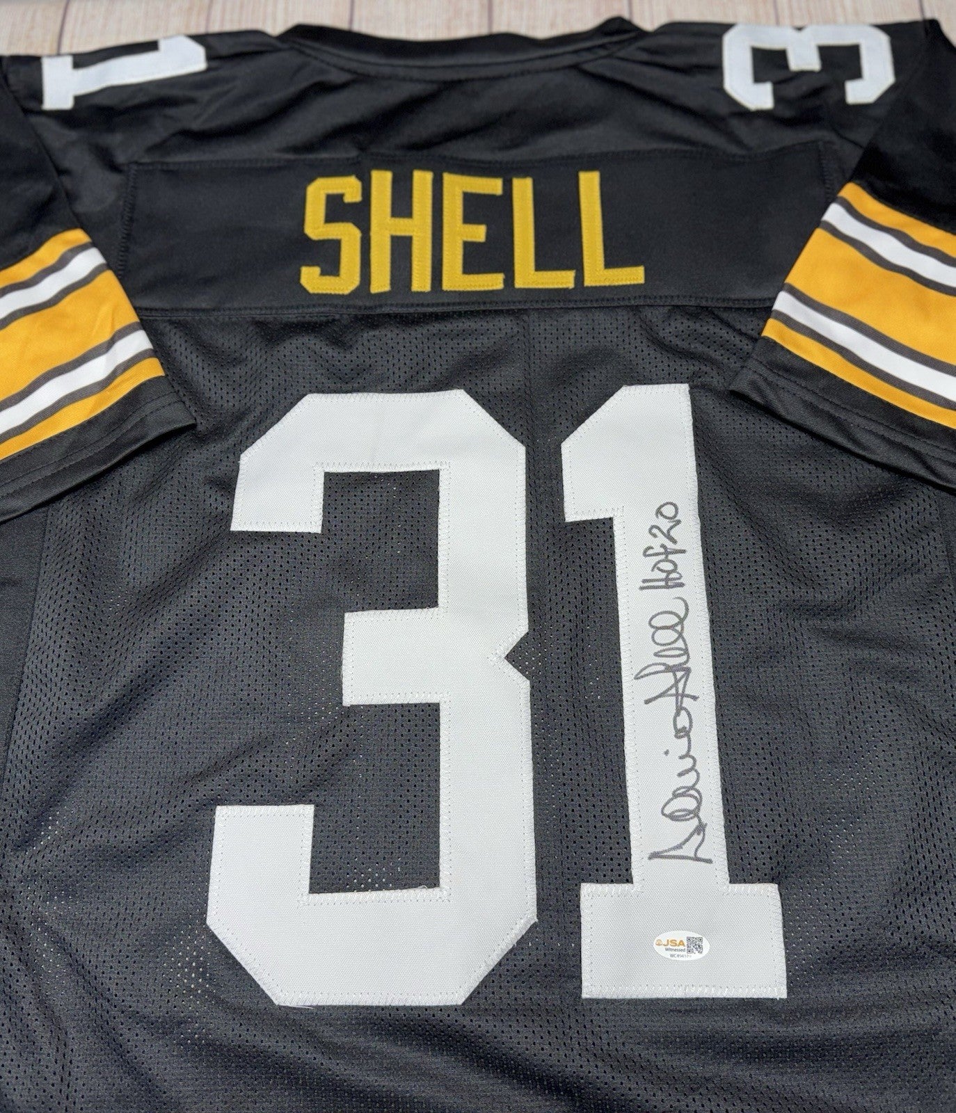 PITTSBURGH STEELERS DONNIE SHELL SIGNED CUSTOM BLACK JERSEY “HOF 20” JSA COA