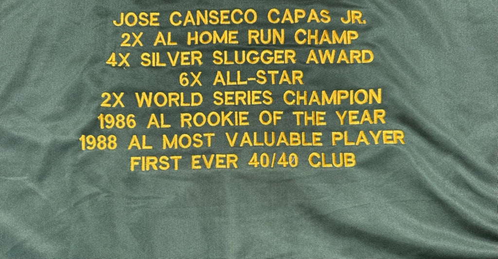 Jose Canseco Stat Autographed Oakland Athletics Green Custom Jersey – JSA COA