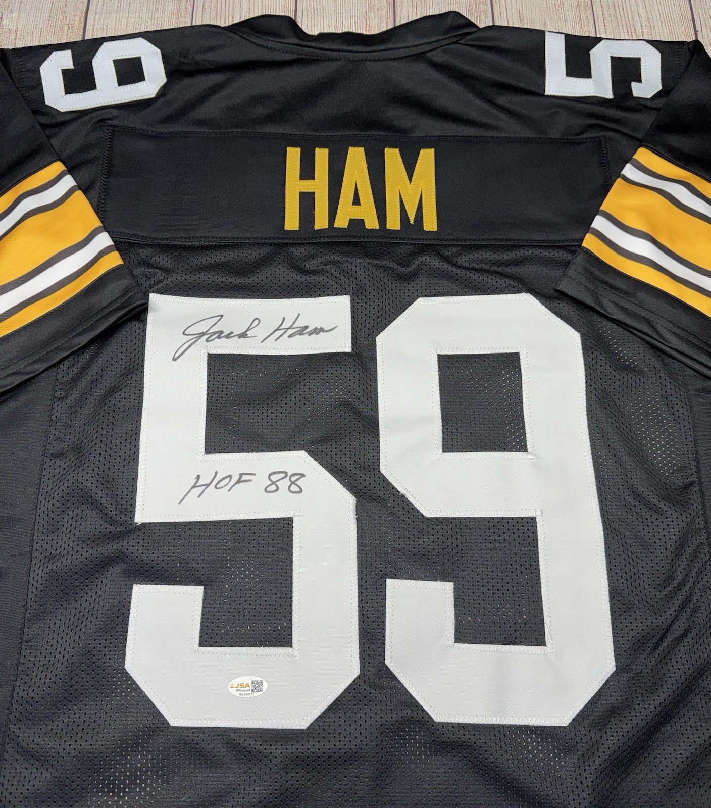PITTSBURGH STEELERS JACK HAM SIGNED CUSTOM BLACK JERSEY “HOF 88” JSA COA