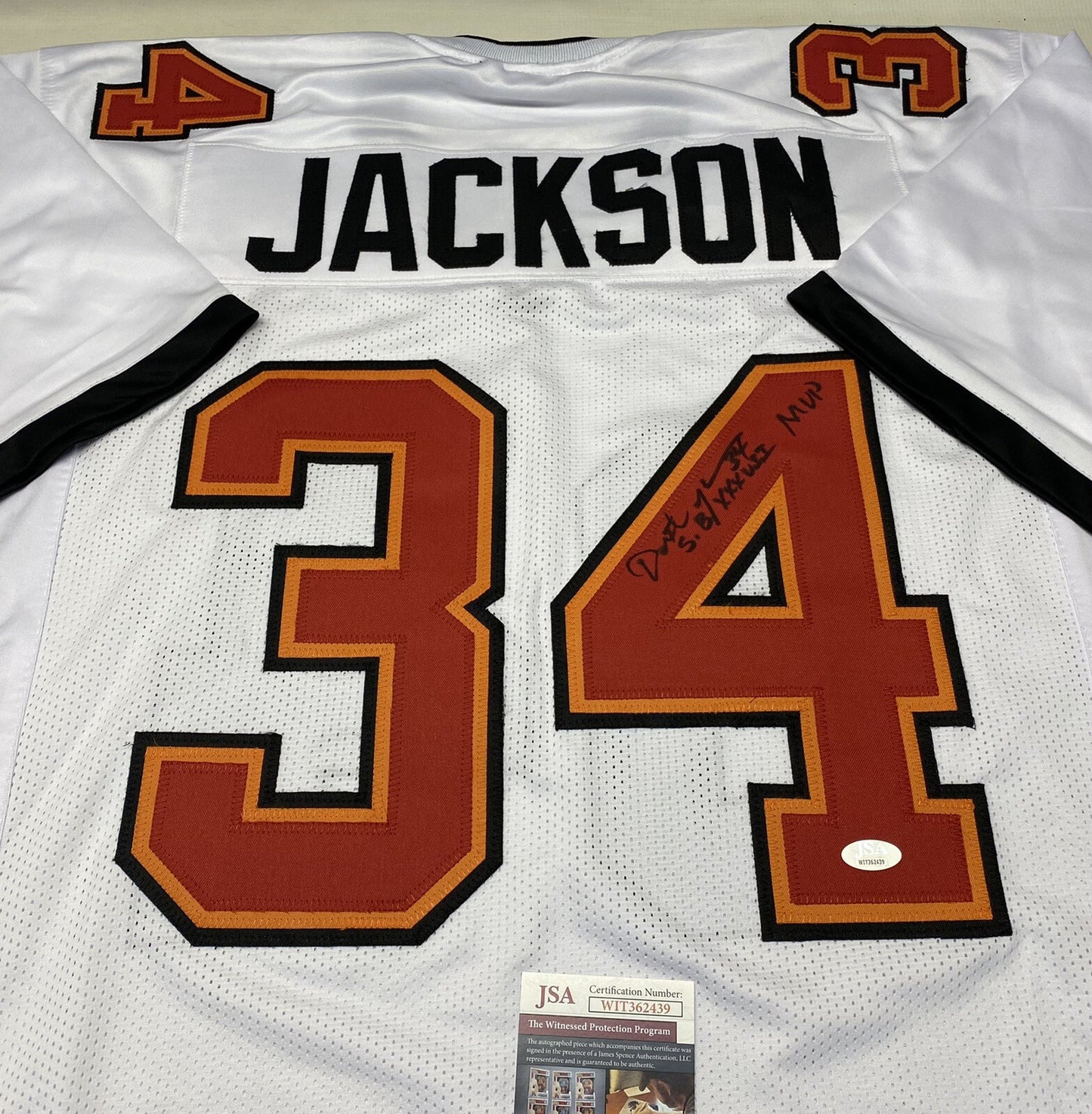 TAMPA BAY BUCCANEERS DEXTER JACKSON SIGNED WHITE JERSEY “SB XXXVII MVP” JSA COA