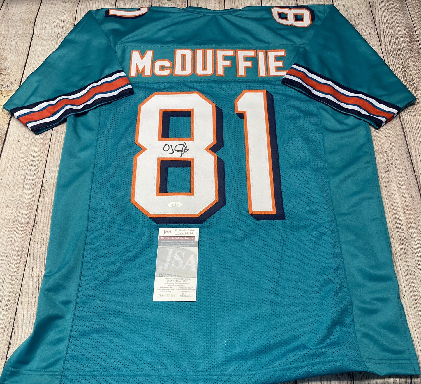 MIAMI DOLPHINS OJ MCDUFFIE SIGNED TEAL CUSTOM JERSEY  W/JSA COA!!